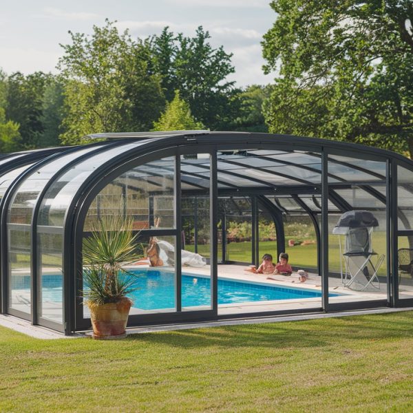 Vitrage polycarbonate pour un abri de piscine.